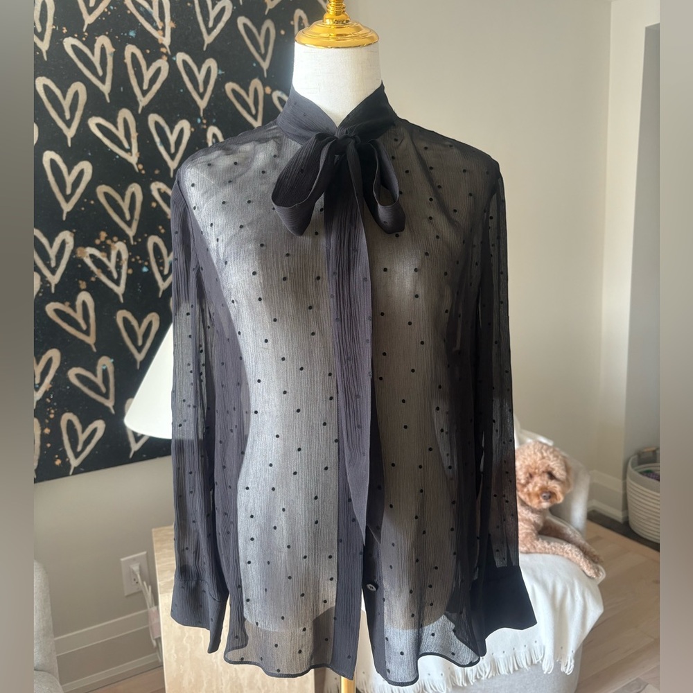 COS 100% silk Sheer Black Polka Dot Blouse with front Tie